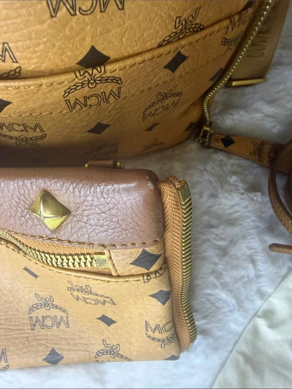 MCM Cognac Visetos Monogram Studded 2- Way Backpack Removable Pouch and Strap